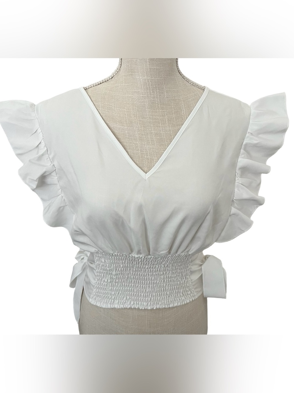 Smocked Waist White V-Neck Ruffle Sleeve Crop Top